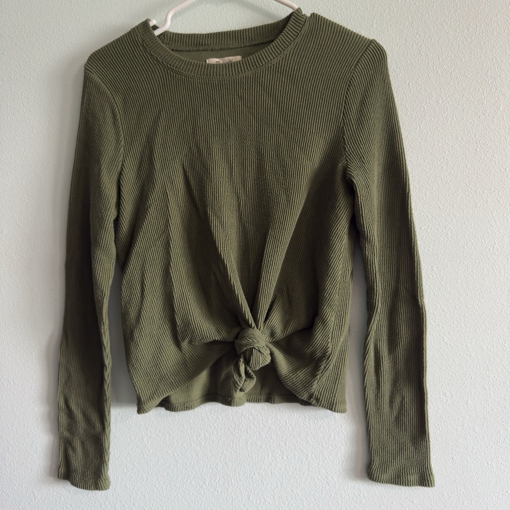 Madewell Womens‎ Olive Green Ribbed Knit Front Knot Long Sleeve Top Size Small